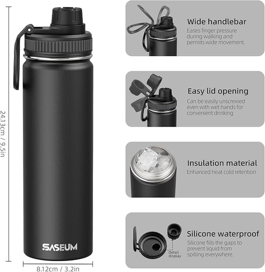SASEUM Sport Water Bottle 22oz Stainless Steel Double Wall Vacuum Thermal Mug with Leak Proof Spout Lids, Wide Mouth Metal Insulated Water Jug for Gym and Travel(Black)