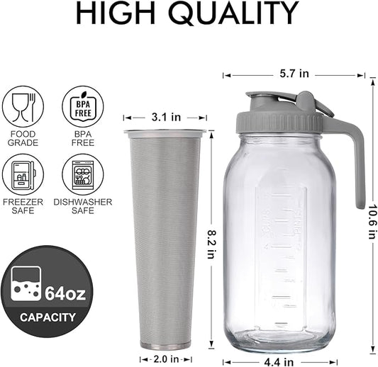 Cold Brew Mason Jar iced Coffee Maker, Durable Glass, - 64 oz (2 Quart / 1.9 Liter), With Handle& Stainless Steel Filter for Iced Brew Coffee, Lemonade, Ice Tea, Homemade Fruit Drinks Container