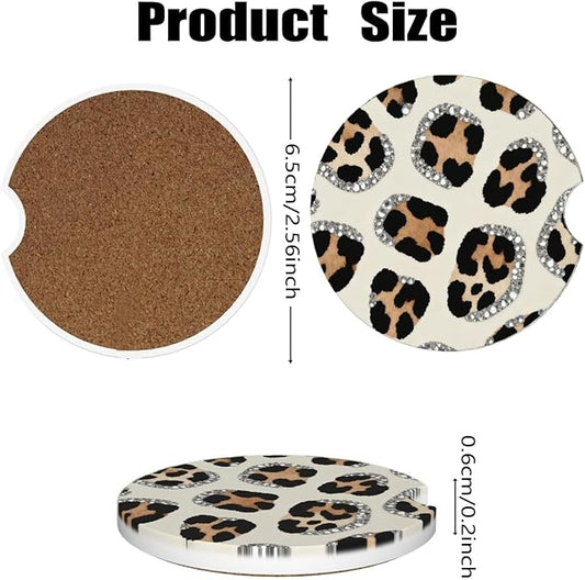 Car Cup Holder Coasters, 2 Pcs Ceramic Coasters with Finger Slot and Cork Back, Anti-Slip Shock Absorbing Women and Men Universal Car Accessories - Art Leopard Print