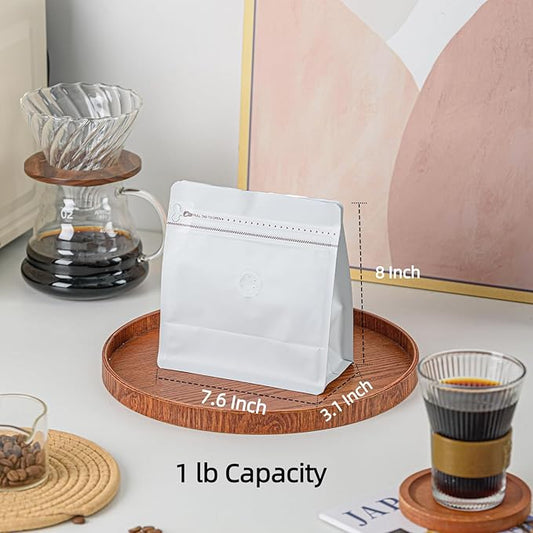 50 Pcs 1lb White Sqaure Coffee Bean Bags with Valve, Easy Tear Open & Repeating Sealed Zipper, Heat-seal Stand Up & Flat Bottom Coffee Bag, 16oz Capacity 7.6x8 Inch