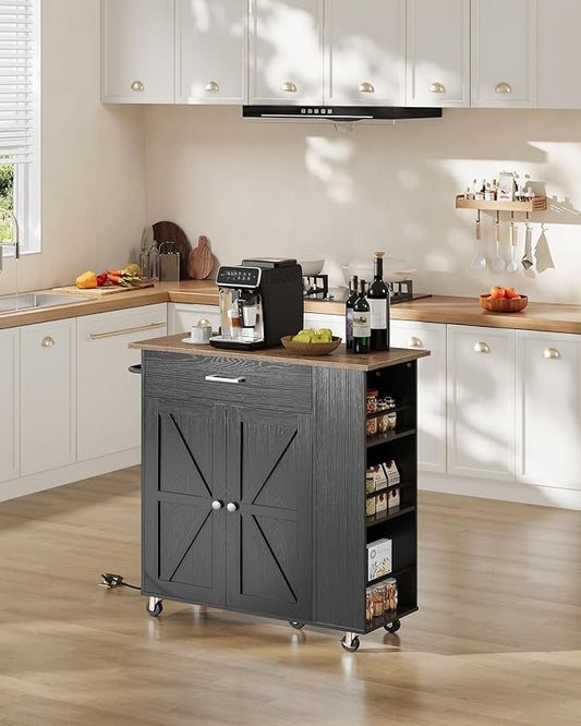 Kitchen Island Cart with Storage, Bar Cart with Charging Station, Kitchen Island on Wheels, Rolling Mobile Table with Cabinet, 3 AC Outlets, Black and Walnut MZD04UBL