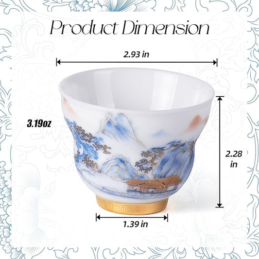 KAMMAK Ceramic Tea Cups Small, Cute Vintage Coffee Cup Set of 2, Porcelain Teacups Espresso Mug, 3.2oz Hand Painted Chinese Afternoon Tea Party Mugs, Birthday Gift for Women Men, Ice Fortune