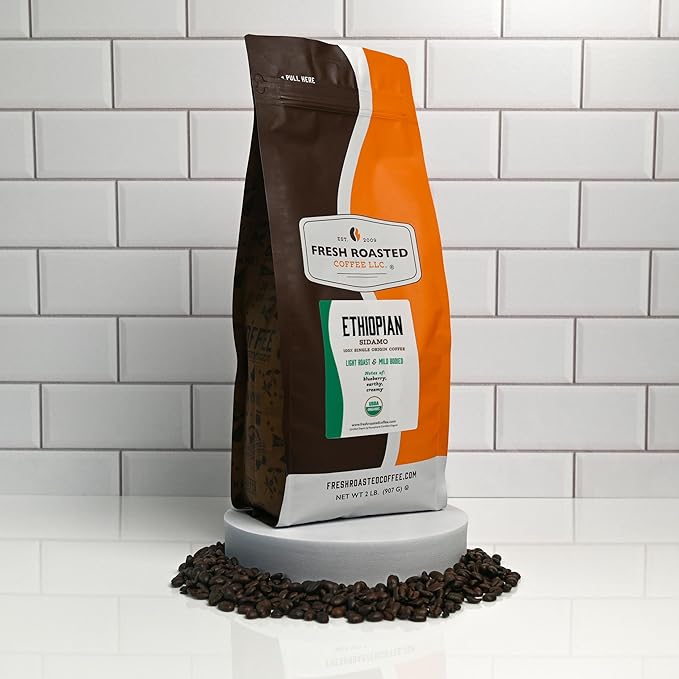 Fresh Roasted Coffee, Organic Ethiopian Sidamo | Fair Trade, USDA Organic, 100% Single Origin, Kosher | Light Roast 2 lb (32 oz) Whole Bean