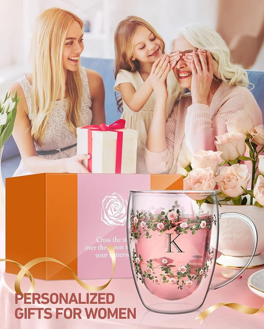 Initial Glass Cup for Women, 12oz Rose Double Walled Glass Coffee Mugs, Personalized Gifts for Women, Initial Coffee Tea Mug with Scarf, Birthday Wedding Gifts for Her Mom Teacher (ROSE-J)