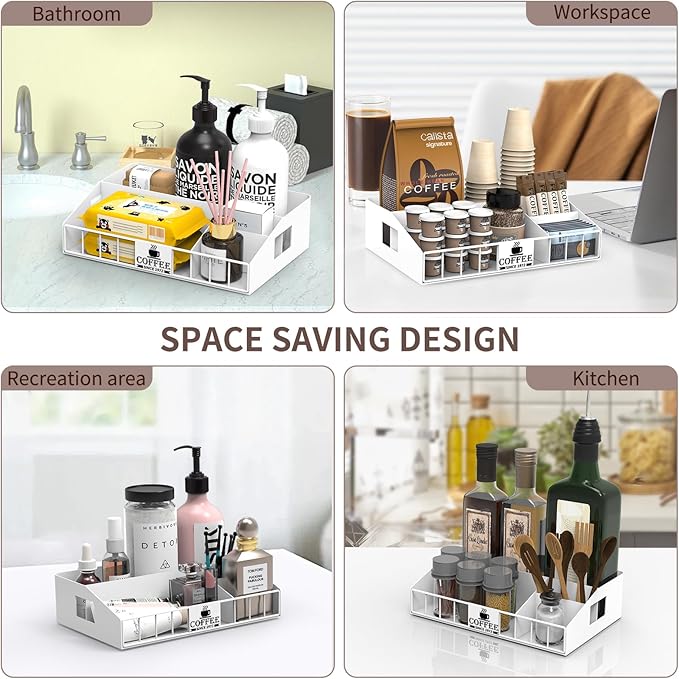 Metal Coffee Station Organizer for Countertop - Coffee Bar Organizer with Designable DIY Logo, K Cup Pods Holder & Tea Condiment Storage - Rustic Breakroom Kitchen Decor in White (1 Pcs)