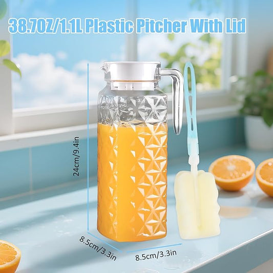 2 Pack 1.1L Plastic Jugs with Lid and Handle, Acrylic Juice Jug, Transparent Fridge Water Pitcher, Unbreakable, Easy to Clearn Water Jug for Iced Tea, Lemonade, Cold or Hot