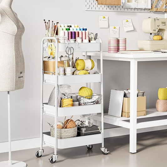 TOOLF 4-Tier Metal Rolling Cart with Wheels, Storage Utility Organizer Cart for Kitchen, Bathroom, Office, Baby Essentials & Makeup - Lockable Casters, Easy Assembly, Large Capacity, White