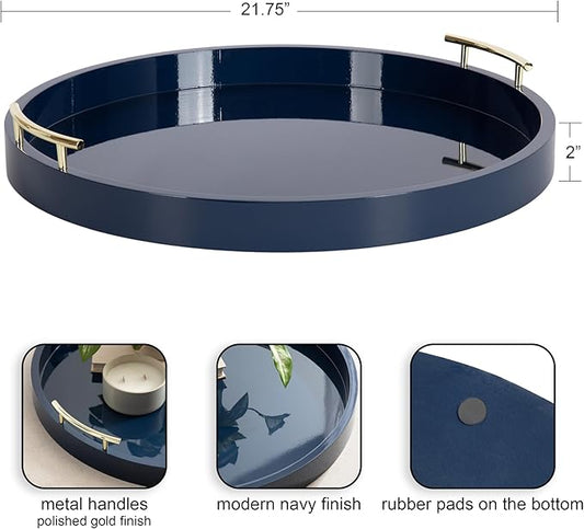 Kate And Laurel Lipton Modern Round Ottoman Tray, 22 Inch Diameter, Navy and Gold, Decorative Circle Coffee Table Tray for Living Room Decor or Large Serving Tray