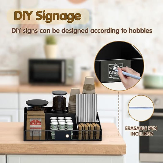 Metal Coffee Station Organizer for Countertop - Coffee Bar Organizer with Designable DIY Logo, K Cup Pods Holder & Tea Condiment Storage - Rustic Breakroom Kitchen Decor in Balck (1 Pcs)