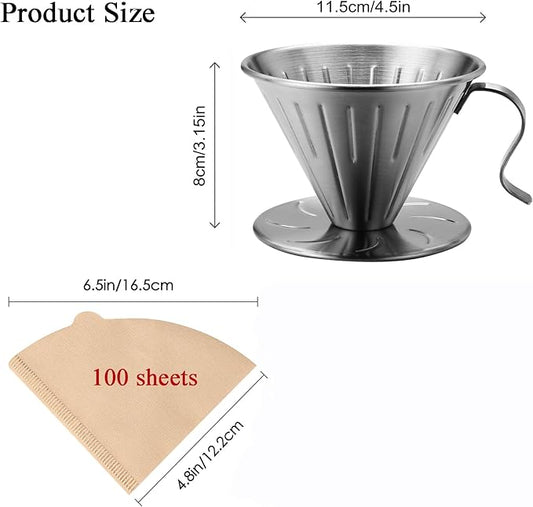 Pour Over Coffee Dripper, 304 Stainless Steel wIth 100 pcs V60 Paper Filters (Coffee Dripper)