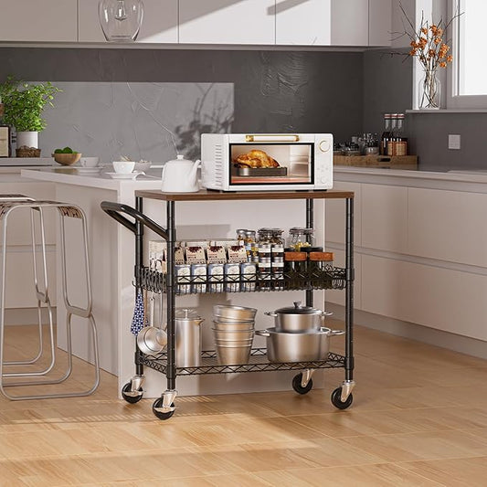 NTE Rolling Kitchen Carts on Wheels, 650Lbs Capacity 3 Tier Utility Cart with Wood Tabletop, Kitchen Storage Cart with 8 Hooks, Metal Serving Cart with Handle and Shelf Liners for Kitchen, Black