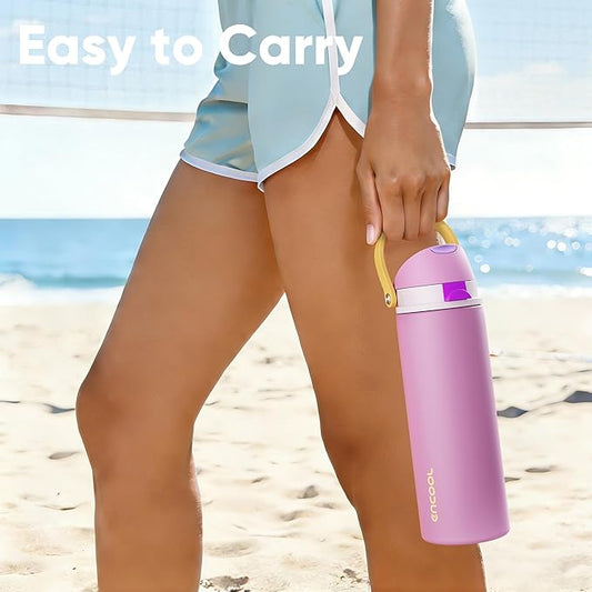 Insulated Water Bottle with Straw - Encool Stainless Steel Water Bottle with Push Button Lid, Leak-Proof & BPA-Free, Keeps Cold for 24 Hours for Sports, Travel, Gym (32 oz, Light Orchid-Fuchsia)