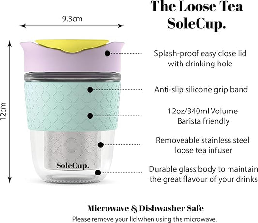 Travel Mug Loose Tea Infuser - Detachable Tea Strainer with Spillproof Lid - BPA-Free Reusable Glass Travel Coffee Cup with Silicone Band (Ice Cream, 12oz)