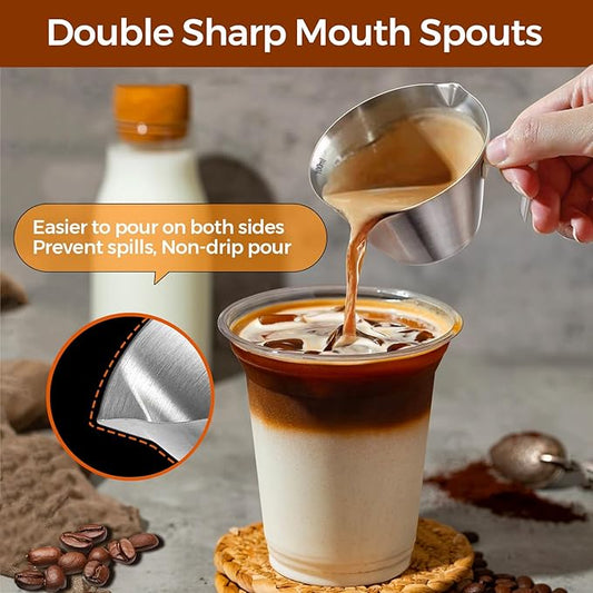 carrottimes 2Pcs Stainless Steel Espresso Cup, Double Spout Metal Espresso Measuring Cup with Handle, 3.4oz/100ml V-Shaped Mouth with Dual Scale (Black+White)