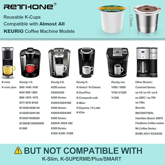 RETHONE K Cup Reusable Coffee Pods Compatible with Keurig 1.0 & 2.0 Coffee Machines, Stainless Steel Reusable K Cups Brewers Refillable K Cups (4 Pack)