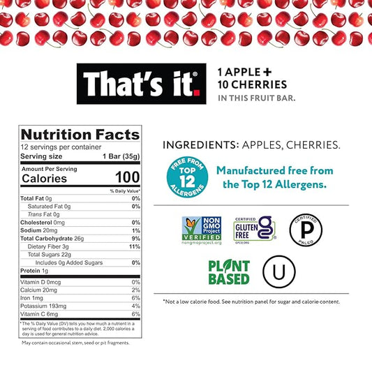 That's it. Apple + Cherry 100% Natural Real Fruit Bar, Best High Fiber Vegan, Gluten Free Healthy Snack, Paleo for Children & Adults, Non GMO No Sugar Added, No Preservatives Energy Food (12 Pack)