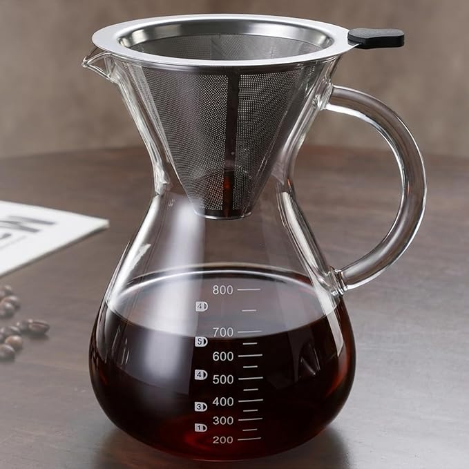 Pour Over Coffee Maker - Borosilicate Glass Carafe - Reusable Stainless Steel Filter Paperless Dripper - For Home & Office & Resteraunt & Camping (27, ounces)