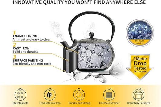 Stovetop Tea Kettle, TOPTIER Japanese Cast Iron Tea Kettle with Infuser for Loose Leaf and Tea Bags, Cast Iron Teakettle Coated with Enameled Interior for 40 oz (1200 ml), Midnight Black