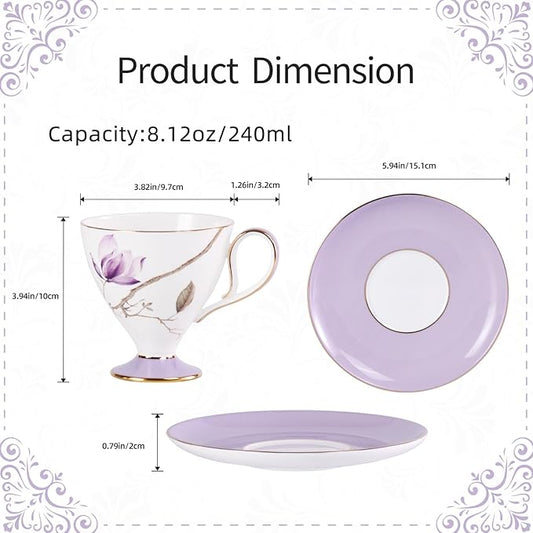 KAMMAK Ceramic Coffee Cups Saucers Set of 2, Porcelain Espresso Cups with Saucers, 8.12 oz Handcrafted Elegant Bone China Tea Cups, Purple Hibiscus & Iris Flower Pattern Teacup for Party, Office, Gift