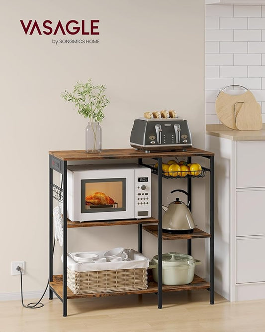 VASAGLE Baker's Rack, Coffee Bar Stand with Charging Station, 35.6 Inches Tall, Storage Shelves, Pull-Out Wire Basket, Table for Microwave, Kitchen, Rustic Brown and Ink Black UKKS036K01