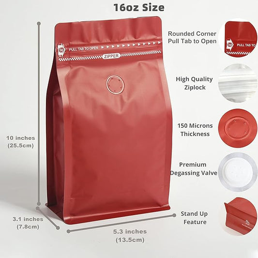 100 Count 16oz Red Coffee Bags with Aluminum Foil Liner, High Barrier Coffee Pouches with Degassing Valve, Ziplock Food Storage Bags with Pull Tape, Pack of 100, 16oz/1lb/500gram