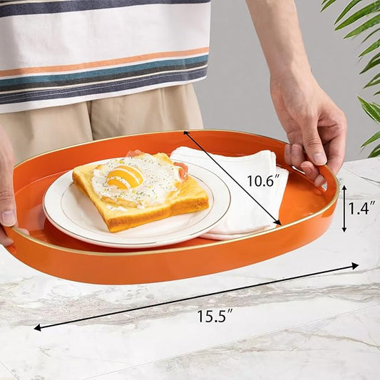 MAONAME Orange Decorative Tray, Oval Serving Tray with Handles, Plastic Trays for Coffee Table, Ottoman Trays for Living Room, Bathroom, 15.6" X 10.6" X 1.4"