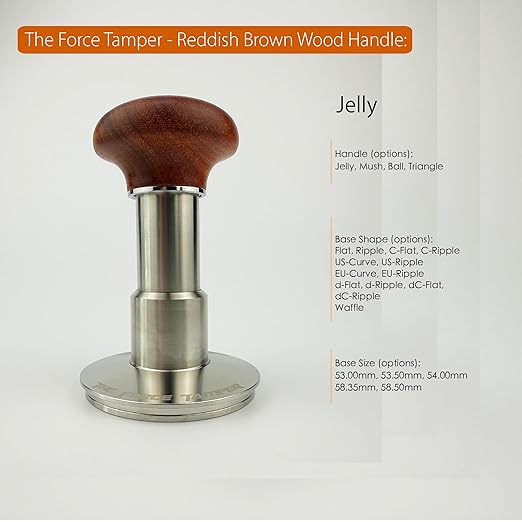 The Force Tamper Automatic Impact Adjustable Constant Pressure and Autoleveling Coffee Tamper Reddish Brown Jellyfish Wooden Handle Set Pro (C-Ripple Distribute Set, 58.50mm)
