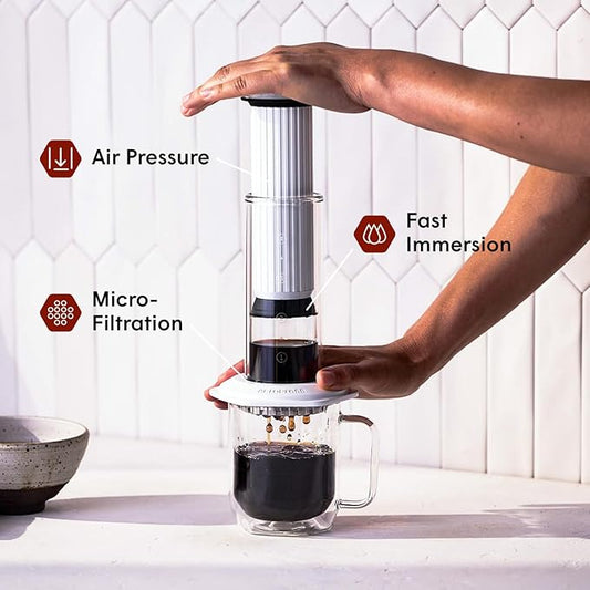 AeroPress Premium Coffee Press, Glass, Stainless Steel & Aluminum Coffee Maker, all-in-One French Press, Pour-Over & Espresso-Style manual brewer, 2 min brew for less bitterness, more flavor (White)