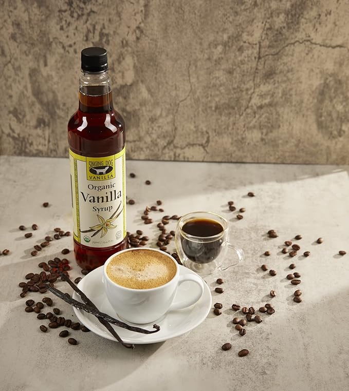 Singing Dog Organic Vanilla Syrup - Natural Vanilla Syrup for Coffee, Tea, Drinks & Baking - No Refined Sugar, Vegan (25.4 fl. oz.) Coffee Syrup Made with Pure Vanilla Extract