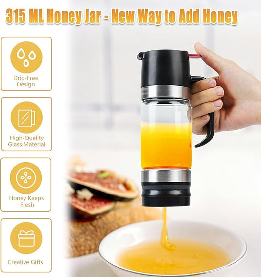 Ecopandy Honey Dispenser No Drip with Stand, 12 OZ Glass Honey Jar, Syrup Dispenser, Easy One Hand Use Honey Pot for Coffee or Tea, Mess Free Honey Dispenser for Syrup, Honey Container (2PCS Black)