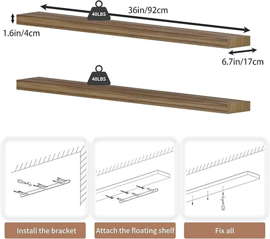 36 inch Brown Bathroom Shelves,Long Floating Shelves for Wall,Solid Wood Long Shelves Set of 2,Kitchen Wall Mounted Shelf (Brown, 36 Inch)