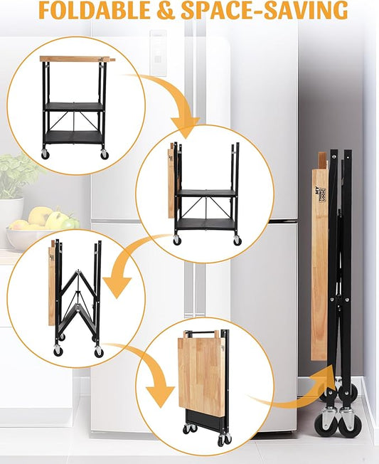 Mythinglogic Foldable Kitchen Storage Cart, 3-Tier Rolling Cart with Solid Oak Top, Heavy-Duty Metal Utility Rack for Microwave, Pots, Dish Set, Meal Prep Area, Kitchen Island on Lockable Wheels