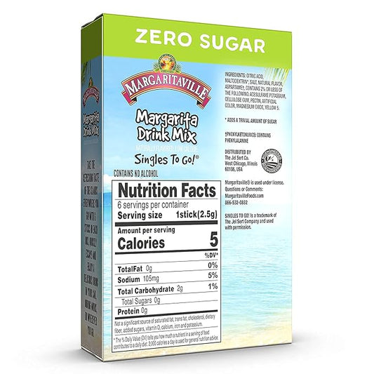 Margaritaville Singles To Go Water Drink Mix - Margarita Flavored, Non-Alcoholic Powder Sticks (3 Boxes with 6 Packets Each - 18 Total Servings)