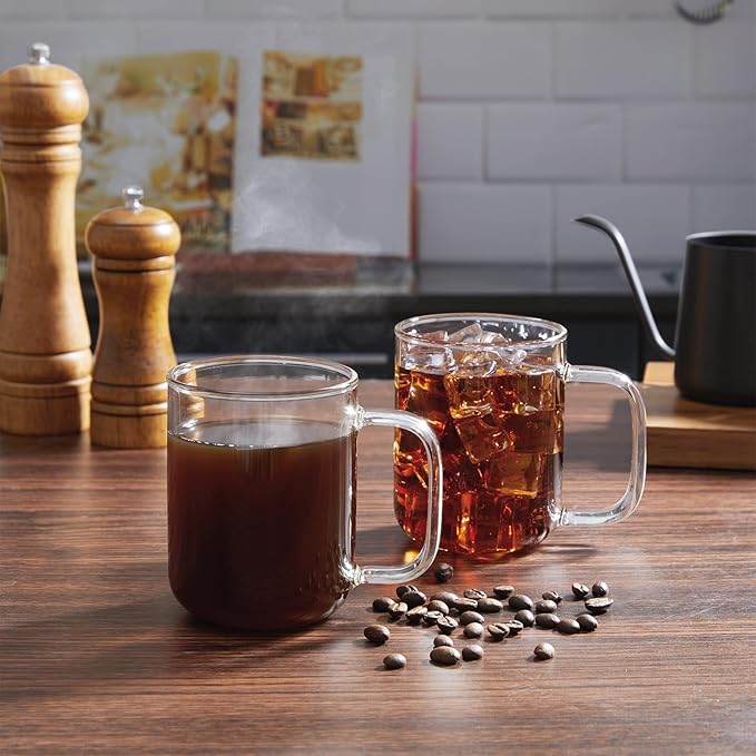 Glass Coffee Mugs, 12 oz iced coffee cups, Clear Tea Cups Set of 6, Glass Mugs with Handles, Glass Cups for Latte, Cappuccino, and Tea