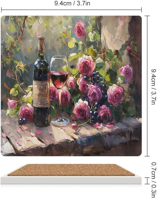 4PCS Red Wine Drink Coasters, Square Modern Ceramic Absorbent Coasters, Oil Painting Style Vintage Red Wine Flower Grapes Rose Floral Decor Desk Coffee Table Coaster for Beverage Cup Tea Coasters