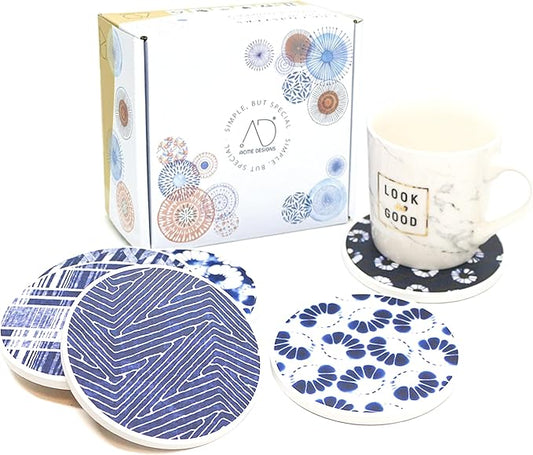 AD Set of 6 Coasters for Drinks Absorbing Round Ceramic Stone Coaster with Cork Base,Tabletop Protection Mat for Mugs and Cups,Office,Kitchen (Shibori)
