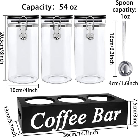 WYTAOHZL 3PCS Glass Coffee Containers with Shelf 54 oz Coffee Station Organizer Glass Bean Storage with Spoon Canister Set Jars with Airtight Locking Clamp for Bean Sugar Nuts