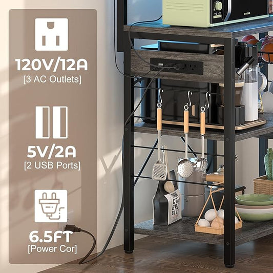 Aheaplus Bakers Rack with Power Outlet and LED light strings, Microwave Oven Stand Kitchen Storage Shelf with Wire Basket, Coffee Bar Station Island table with 10 hooks for Spices, Pots, Black Oak
