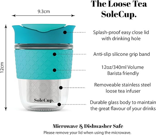 Travel Mug Loose Tea Infuser - Detachable Tea Strainer with Spillproof Lid - BPA-Free Reusable Glass Travel Coffee Cup with Silicone Band (Blue, 12oz)