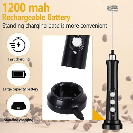 FITNATE Rechargeable Milk Frother with Stand, Handheld Milk Frother with 3 Stainless Whisks, 3 Speeds Drink Mixer Foam Maker for Coffee, Latte, Cappuccino, Hot Chocolate, Egg
