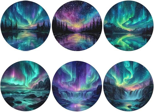 Northern Lights Coasters for Drinks with Holder Round Leather Coasters Set of 6 Cups Mugs Mat Pad for Home Kitchen Bar