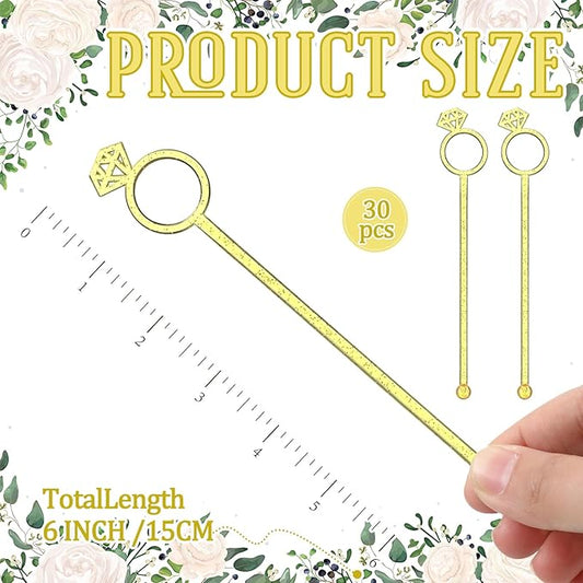 30 Pcs 6 Inch Diamond Ring Coffee Stirrers Reusable Cocktail Wedding Drink Stirrers Golden Silver Plastic Beverage Swizzle Stick for Wedding Party Festival (Golden)