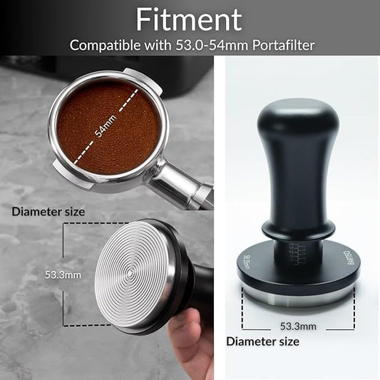 53.3mm Premium Professional Barista Kit 4-in-1: Double Spring Loaded Self-Leveling Espresso Tamper with WDT Tool, Dosing Funnel & Anti-Slip Base. Anodized Aluminum for 53mm - 54mm Portafilters.