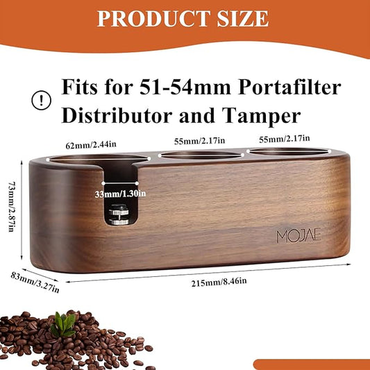 MOJAE Espresso Tamping Station, 3in1 Tamper Station, Wooden Espresso Tamper Holder, Portafilter Holder with Anti Slip Bottom, 3 Holes for Coffee Tamper,Distributor and Portafilter (Walnut, 51-54mm)