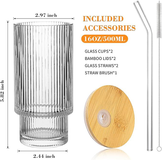 16oz Glass Cups with Lids & Straws - Reusable Iced Coffee Tumblers, Trendy Ribbed Design & Stackable for Iced Coffee/Cold Brew, Perfect for Home/Office by Coffee Lovers & Commuters (16OZ-2PACK)
