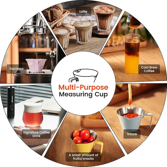 MHW-3BOMBER Espresso Measuring Cups, Double Spouts Stainless Steel Espresso Pour Cup, Espresso Shot Cups with Handle Scale, Metal Measuring Cups with V-Shaped Mouth, 3.4OZ/100ML Blue G5668-OS