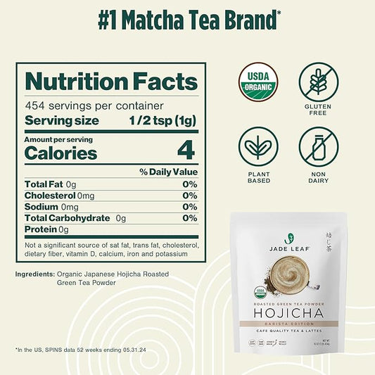 Jade Leaf Matcha Organic Hojicha Powder, Roasted Matcha Green Tea Powder, Barista Edition, Authentic Japanese, 454 servings (1 Pound Bulk Pouch)