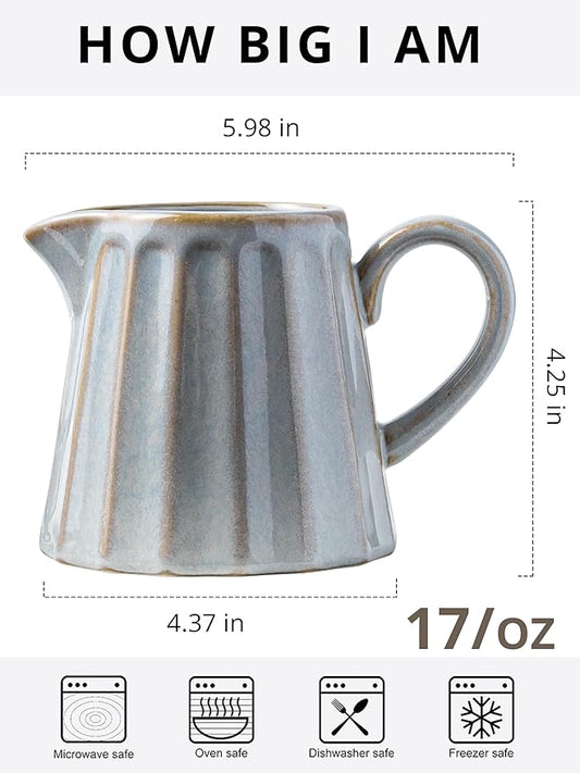 Ceramic Creamer Pitcher,17 Oz Coffee Creamer Container with Handle, Small Milk Pitcher Pourer for Sauces, Salad, Gray