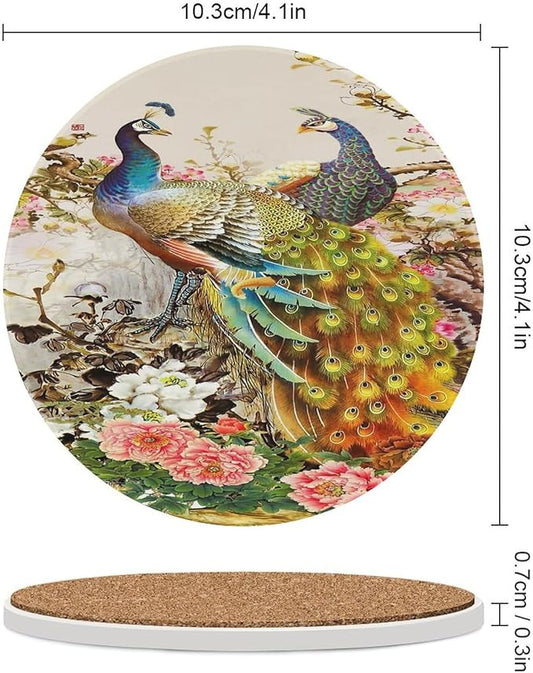 Peacock Drink Coasters, Round Ceramic Drink Coaster Round-4PCS, Vintage Tree Branch Beautiful Plant Floral Gold Peacock Decor Absorbent Ceramic Coasters for Beverage Cup, Bar, Coffee Table