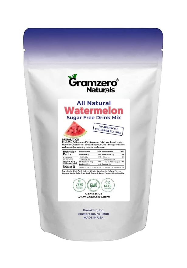 GramZero All Natural Watermelon Zero Calorie Sugar Free Drink Mix, Great For Nutrition Club Loaded Tea, Stevia Sweetened